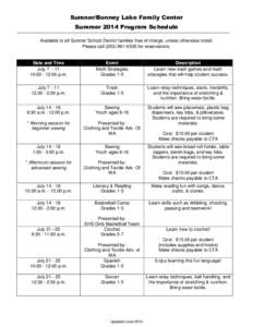 Sumner/Bonney Lake Family Center Summer 2014 Program Schedule Available to all Sumner School District families free of charge, unless otherwise noted. Please call[removed]for reservations.  Date and Time