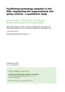 Facilitating technology adoption in the NHS: negotiating the organisational and policy context – a qualitative study