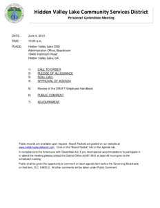 Hidden Valley Lake Community Services District Personnel Committee Meeting DATE:  June 4, 2015