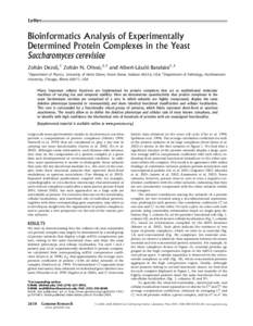 Letter  Bioinformatics Analysis of Experimentally Determined Protein Complexes in the Yeast Saccharomyces cerevisiae Zoltán Dezso