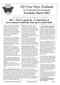 GE Free New Zealand In Food and Environment Newsletter March 2013 * Please note that some articles have been abbreviated in order to meet size constraints *