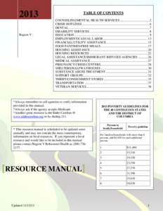 2013 Region V TABLE OF CONTENTS COUNSELING/MENTAL HEALTH SERVICES ..................................... 2 CRISIS HOTLINES .................................................................................... 6