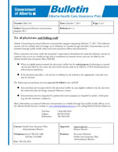 Number: Med 164  Date: October 7, 2011 Subject: Seasonal influenza immunization program 2011