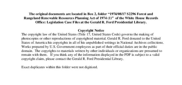 [removed]S2296 Foreset and Rangeland Renewable Resources Planning Act of 1974