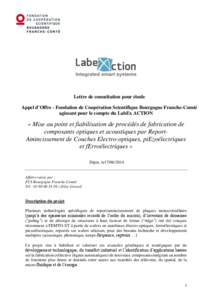 Lettre de consultation pour étude Appel d’Offre - Fondation de Coopération Scientifique Bourgogne Franche-Comté agissant pour le compte du LabEx ACTION « Mise au point et fiabilisation de procédés de fabrication 