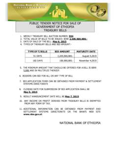 PUBLIC TENDER NOTICE FOR SALE OF GOVERNMENT OF ETHIOPIA TREASURY BILLS.