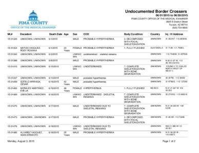 Undocumented Border CrosserstoPIMA COUNTY OFFICE OF THE MEDICAL EXAMINER 2825 E District Street Tucson, AZ8600