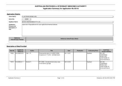 AUSTRALIAN PESTICIDES & VETERINARY MEDICINES AUTHORITY Application Summary for Application No[removed]Application Details: Active Name: