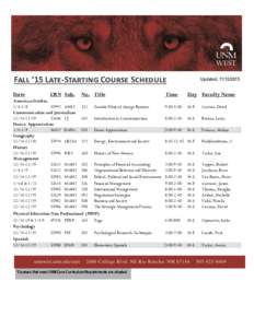 Fall ‘15 Late-Starting Course Schedule Date CRN Sub.  American Studies