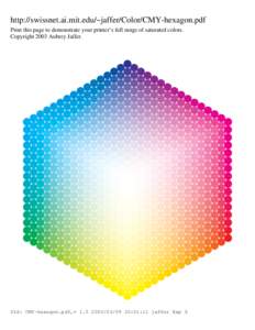 http://swissnet.ai.mit.edu/~jaffer/Color/CMY-hexagon.pdf Print this page to demonstrate your printer’s full range of saturated colors. Copyright 2003 Aubrey Jaffer. $Id: CMY-hexagon.pdf,v[removed]20:01:11 jaffer