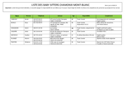 LISTE DES BABY SITTERS CHAMONIX MONT-BLANC  Mise à jour le[removed]Important : cette liste purement indicative, ne saurait engager la responsabilité de son éditeur qui n’a aucun moyen légal de vérifier le sérieu