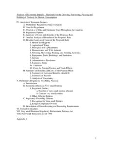 Regulatory Impact Analysis of Standards for the Growing, Harvesting, Packing and Holding of Produce for Human Consumption Regulation