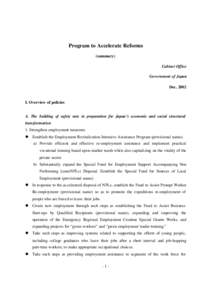 Program to Accelerate Reforms (summary) Cabinet Office Government of Japan Dec. 2002