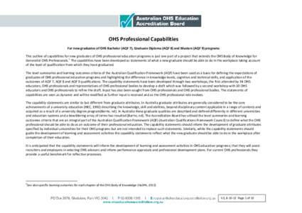 OHS Professional Capabilities For new graduates of OHS Bachelor (AQF 7), Graduate Diploma (AQF 8) and Masters (AQF 9) programs This outline of capabilities for new graduates of OHS professional education programs is just