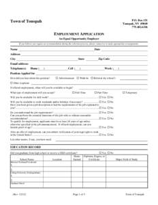 P.O. Box 151 Tonopah, NV6336 Town of Tonopah EMPLOYMENT APPLICATION