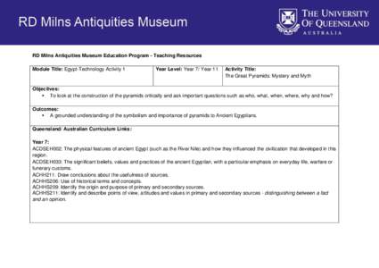 RD Milns Antiquities Museum Education Program - Teaching Resources Module Title: Egypt-Technology Activity 1 Year Level: Year 7/ Year 11  Activity Title: