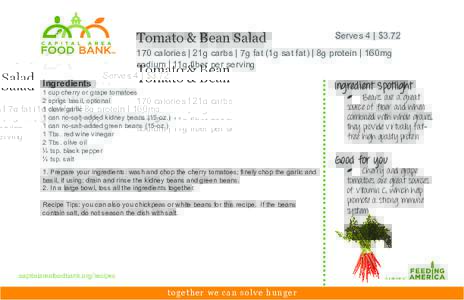 Tomato & Bean Salad  Serves 4 | $[removed]calories | 21g carbs | 7g fat (1g sat fat) | 8g protein | 160mg sodium | 11g fiber per serving