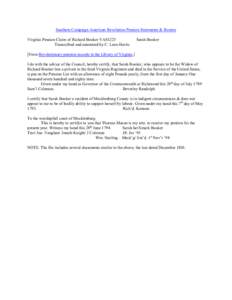 Southern Campaign American Revolution Pension Statements & Rosters Virginia Pension Claim of Richard Booker VAS1223 Transcribed and annotated by C. Leon Harris Sarah Booker