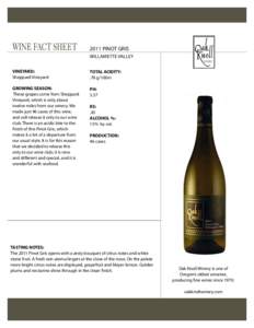 2011 PINOT GRIS WILLAMETTE VALLEY VINEYARD: Sheppard Vineyard  TOTAL ACIDITY: