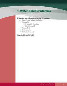 1. Water-Soluble Vitamins B Vitamins and Related Biochemical Compounds •	 Folate (serum and red blood cell) •	 Vitamin B6 »» Pyridoxal-5’-phosphate »» 4-Pyridoxic acid