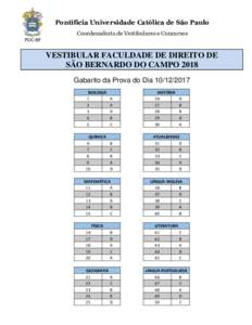 Pontifícia Universidade Católica de São Paulo Coordenadoria de Vestibulares e Concursos VESTIBULAR FACULDADE DE DIREITO DE SÃO BERNARDO DO CAMPO 2018 Gabarito da Prova do Dia