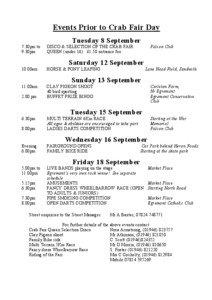 Events Prior to Crab Fair Day Tuesday 8 September 7.30pm to