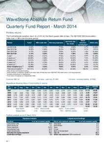 WaveStone Absolute Return Fund Quarterly Fund Report - March 2014 Portfolio returns The Fund delivered a positive return of +3.15% for the March quarter after all fees. The S&P/ASX 300 Accumulation Index rose +1.99% over