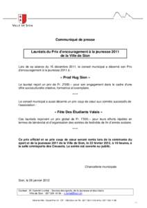 Communiqué de presse  Lauréats du Prix d’encouragement à la jeunesse 2011