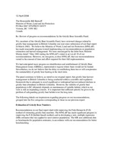 12 April 2004 The Honourable Bill Barisoff Minister of Water, Land and Air Protection PO Box 9047 STN PROV GOVT Victoria, BC V8W 9E2 Canada