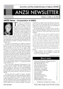 Australian and New Zealand Society of Indexers (ANZSI)  ANZSI NEWSLETTER Volume 6, number 6, July[removed]ANZSI News – Incorporation of ANZSI