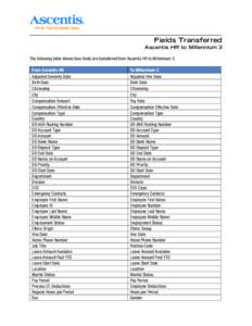 _____________________________________________________________  Fields Transferred Ascentis HR to Millennium 3 The following table shows how fields are transferred from Ascentis HR to Millennium 3: From Ascentis HR