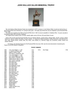 JOHN WALLACE GILLIES MEMORIAL TROPHY  The John Wallace Gillies Memorial Trophy was established in 1927 in memory of John Wallace Gillies, founder and driving force of the Roosevelt Rifle Club of Brooklyn, NY, during its 