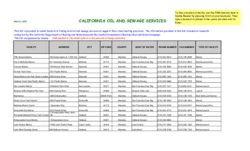 CALIFORNIA OIL AND SEWAGE SERVICES  March 5, 2007 To find a location or facility, use the FIND function here in Adobe Reader by pressing Ctrl-f on your keyboard. Then