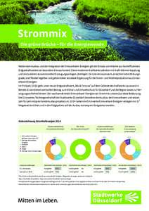 Strommix Die grüne Brücke – für die Energiewende. Neben dem Ausbau und der Integration der Erneuerbaren Energien gilt der Einsatz von Wärme aus hocheffizienten Erdgaskraftwerken als besonders klimaschonend. Diese m