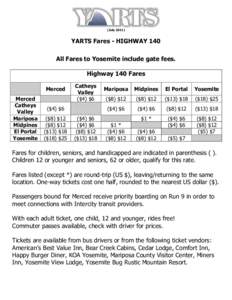 (July[removed]YARTS Fares - HIGHWAY 140 All Fares to Yosemite include gate fees. Highway 140 Fares Merced