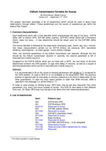 Iridium transmission formats for buoys By Pierre Blouch, Météo-France th Version[removed]September 17 , 2010  The present document describes a list of dataformats which should be used to report buoy