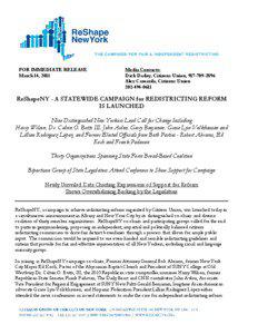 Press Release - ReShape NY  March 14, 2011