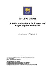 Sri Lanka Cricket Anti-Corruption Code for Players and Player Support Personnel