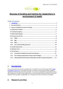 Web version[removed]  Sources of funding and training for researchers in environment & health Table of Contents 1. Introduction .....................................................................................