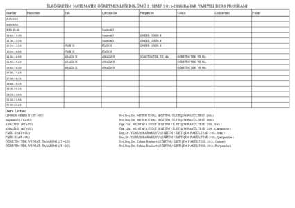 İLKÖĞRETIM MATEMATIK ÖĞRETMENLIĞI BÖLÜMÜ 2. SINIFBAHAR YARIYILI DERS PROGRAMI Saatler Pazartesi  Salı