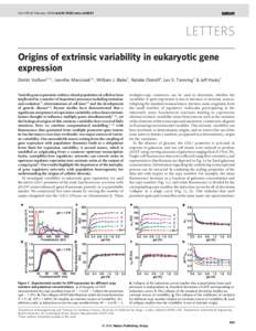 Vol 439|16 February 2006|doi:nature04281  LETTERS Origins of extrinsic variability in eukaryotic gene expression Dmitri Volfson1,2*, Jennifer Marciniak1*, William J. Blake3, Natalie Ostroff1, Lev S. Tsimring2 & J
