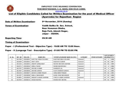 EMPLOYEES’ STATE INSURANCE CORPORATION PANCHDEEP BHAWAN, C.I.G. MARG, NEW DELHI[removed]www.esic.nic.in List of Eligible Candidates Called for Written Examination for the post of Medical Officer (Ayurveda) for Rajastha