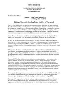 Arctic grayling / Big Hole River / Grayling / Distinct population segment / Endangered Species Act / Missouri River / Arctic / Grebe Lake / Geography of the United States / Thymallus / Fishing