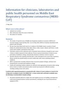 Information for clinicians, laboratories and public health personnel on Middle East Respiratory Syndrome coronavirus (MERSCoV) 27 May[removed]What’s new in this advice?