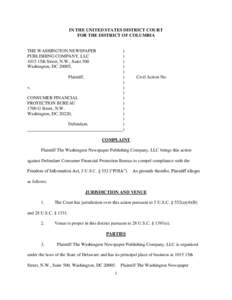 IN THE UNITED STATES DISTRICT COURT FOR THE DISTRICT OF COLUMBIA THE WASHINGTON NEWSPAPER PUBLISHING COMPANY, LLC 1015 15th Street, N.W., Suite 500