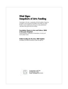 Vital Signs Snapshots of Arts Funding Grantmakers in the Arts, in partnership with the Foundation Center, has provided an annual snapshot of foundation arts funding since[removed]To draw a more complete picture, this year 