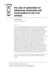 the role of universities in advancing citizenship and social justice in the 21st century Ira Harkavy University of Pennsylvania