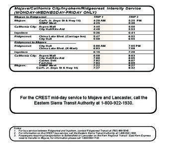 Mojave/California City/Inyokern/Ridgecrest Intercity Service (MONDAY-WEDNESDAY-FRIDAY ONLY) Mojave to Ridgecrest