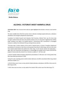 Media Release  ALCOHOL: VICTORIA’S MOST HARMFUL DRUG 10 October 2014: New Victorian harms data has again highlighted that alcohol is Victoria’s most harmful drug. The latest available data[removed]examines harms in