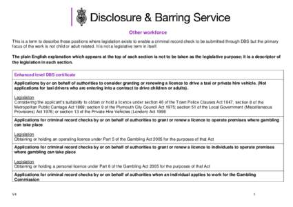 Other workforce This is a term to describe those positions where legislation exists to enable a criminal record check to be submitted through DBS but the primary focus of the work is not child or adult related. It is not